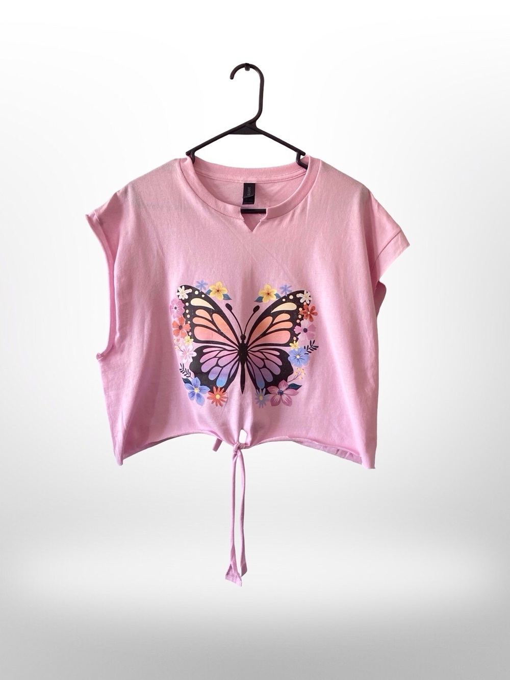 Handmade Butterfly Tie Front Back Pink Crop Tee L Adjustable